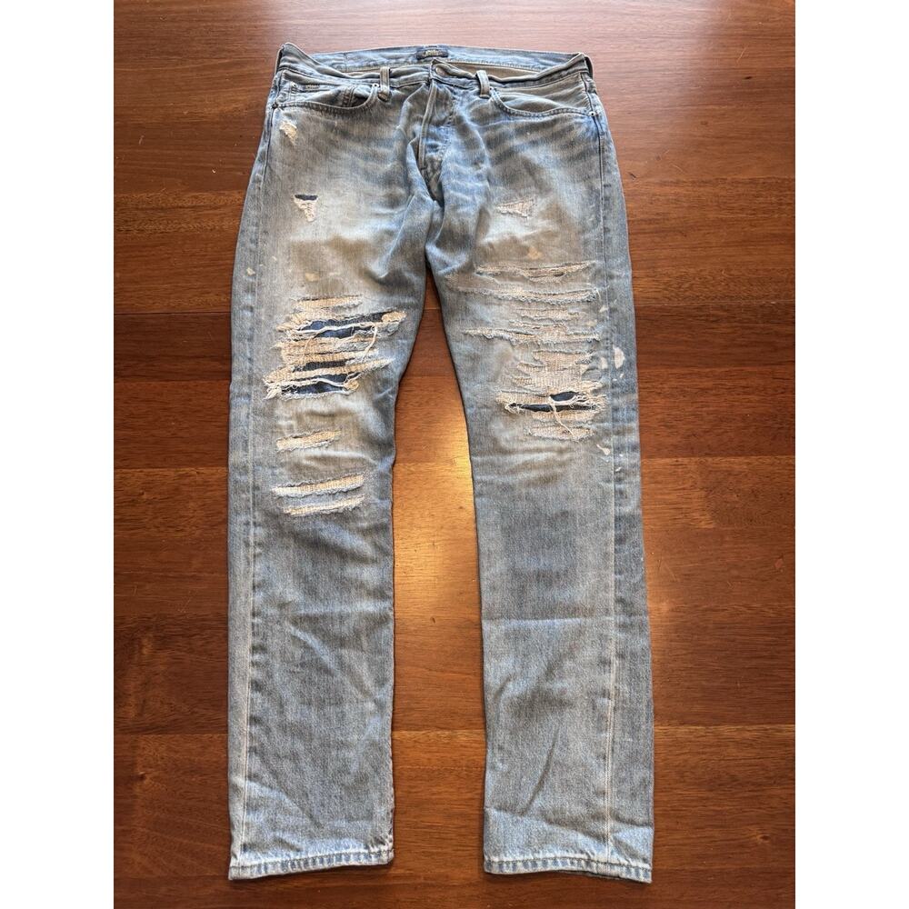 32 X 32 Polo Sullivan Slim Blue Denim Jeans Distressed Ralph Lauren Button Fly